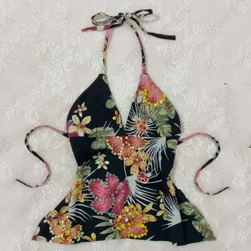 

Укороченный топ, футболки, винтажная одежда, женская футболка, тонкая эстетичная футболка в стиле Харадзюку с цветочным принтом, уличная одежда, летние милые топы с повязками для девочек Y2k