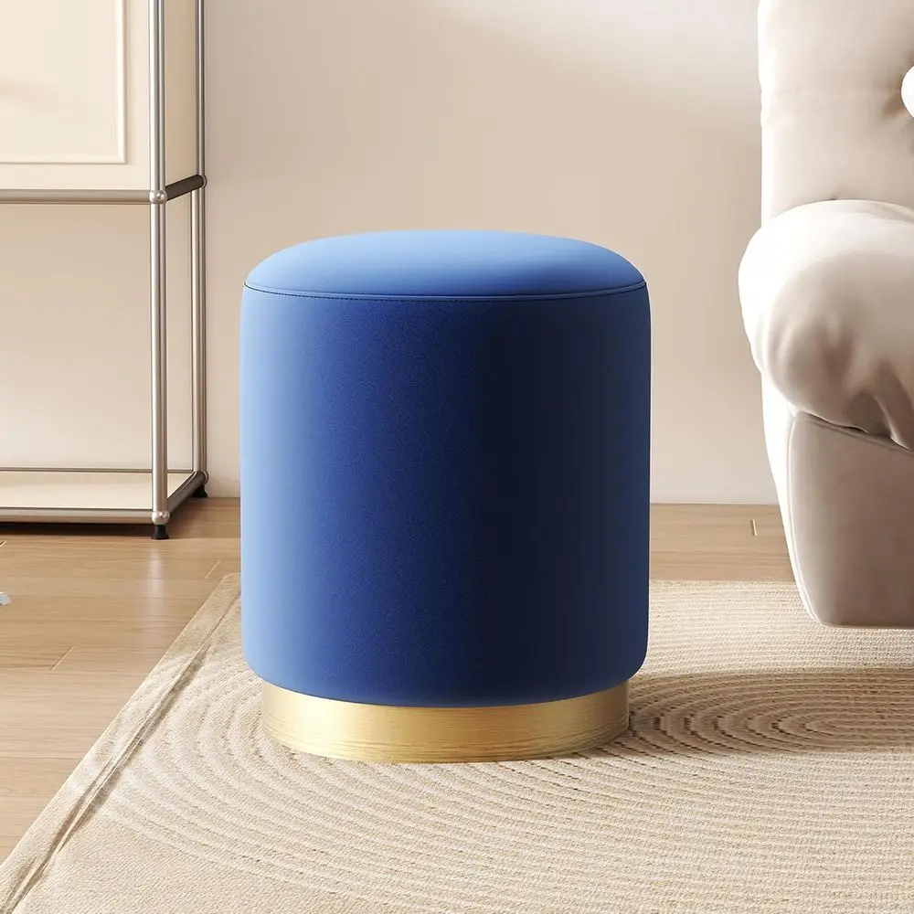 

Blue Velvet Ottoman with Gold-Plated Base for Makeup or Living Room, Set of 1