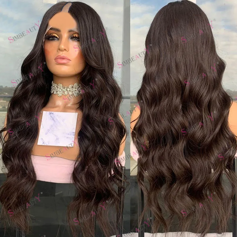

#2 Dark Brown Body Wave Long Human Hair Black WOmen Full Machine Made U Part Wigs Natural Hair Glueless Adjustable V Part Wigs