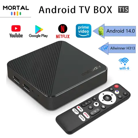 Mortal T1S 5V/2A 안드로이드 TV 박스 Allwinner H313 구글 어시스턴트 넷플릭스 1080P 4K USB2.0 100M LAN 5G WiFi BT5 미디어 플레이어 TV 박스