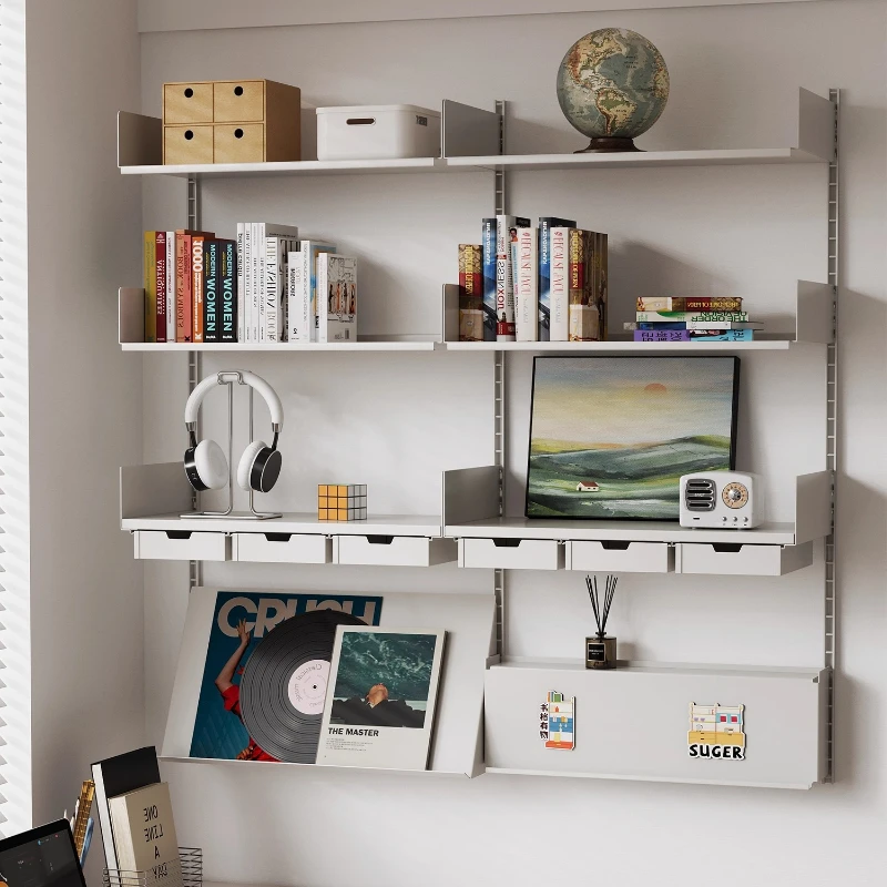 Floating Rail Wall Shelf Modular Interchangeable Storage System MultiFunction Bookcase Display Iron Storage Rack for Small Space
