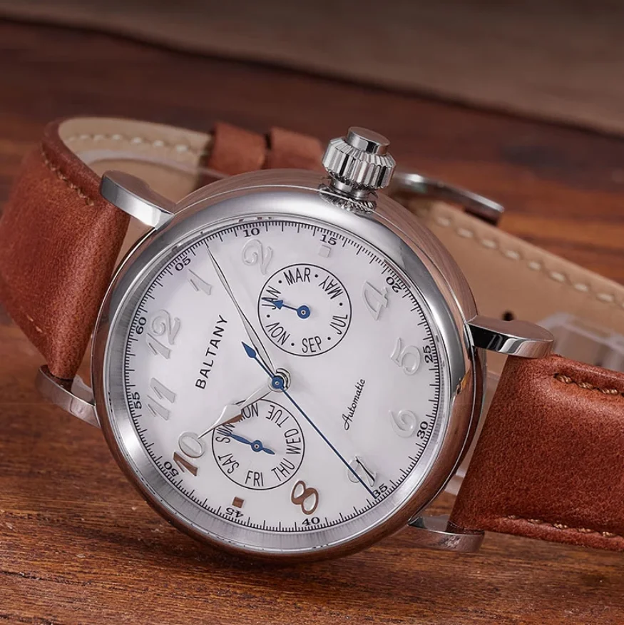 

Мужские часы Baltany Aviator Pilot, 41 мм, автоматические наручные часы, спортивные, с сапфировым стеклом, водонепроницаемые до 50 м, Miyota9122, двойной календарь, день недели, месяц
