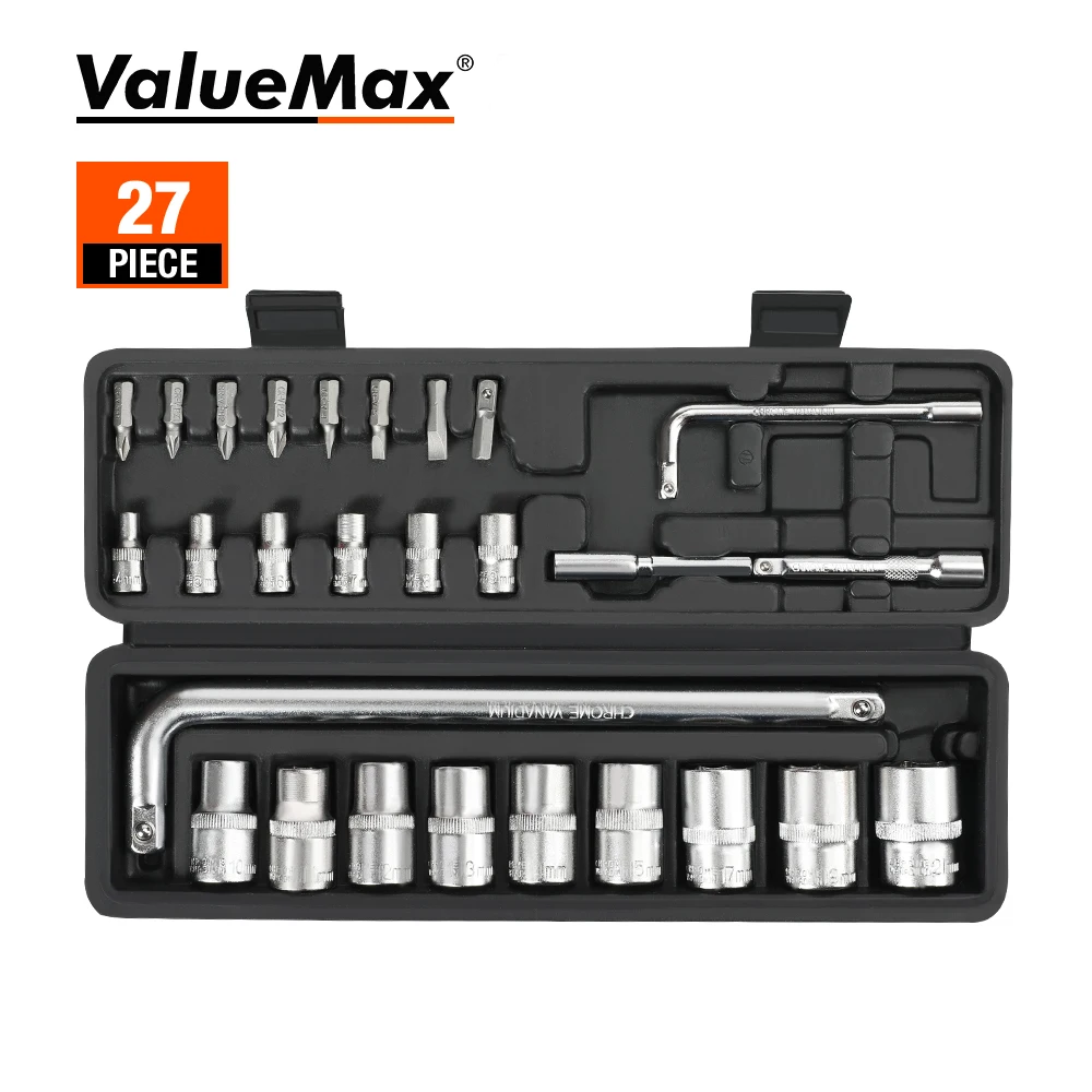 

ValueMax 27pcs Car Repair Tool Set Mechanic Tool Kits Screwdrivers Ratchet Spanner Wrenches Sockets