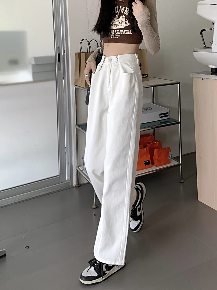 

High Waist Wide Leg Straight Cut Jeans Women's Spring Loose Adjusted Small Size Floor Length Trousers Clean Fit Denim Jeans