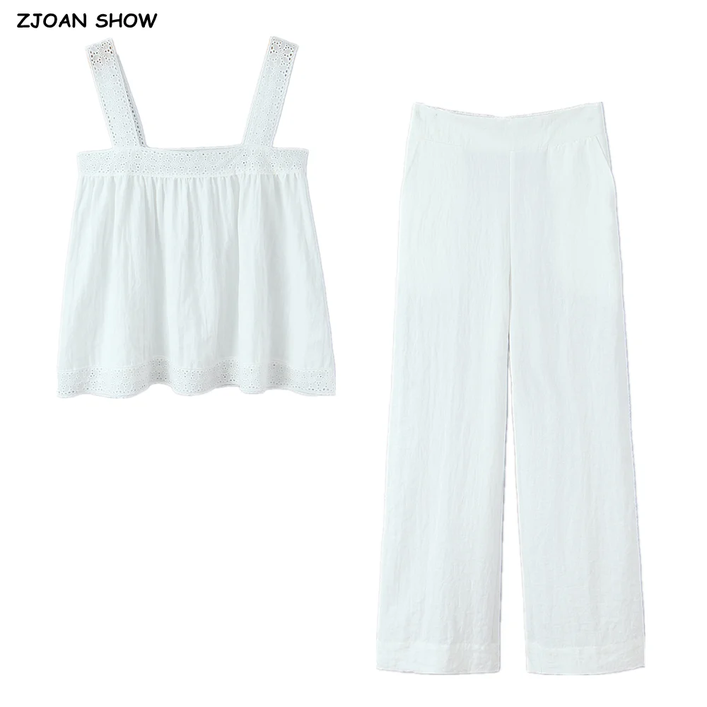 

Комплект из 2 предметов: белый топ-майка с кружевными вставками и бретелями и свободные брюки-палаццо с эластичным поясом до щиколотки для женщин