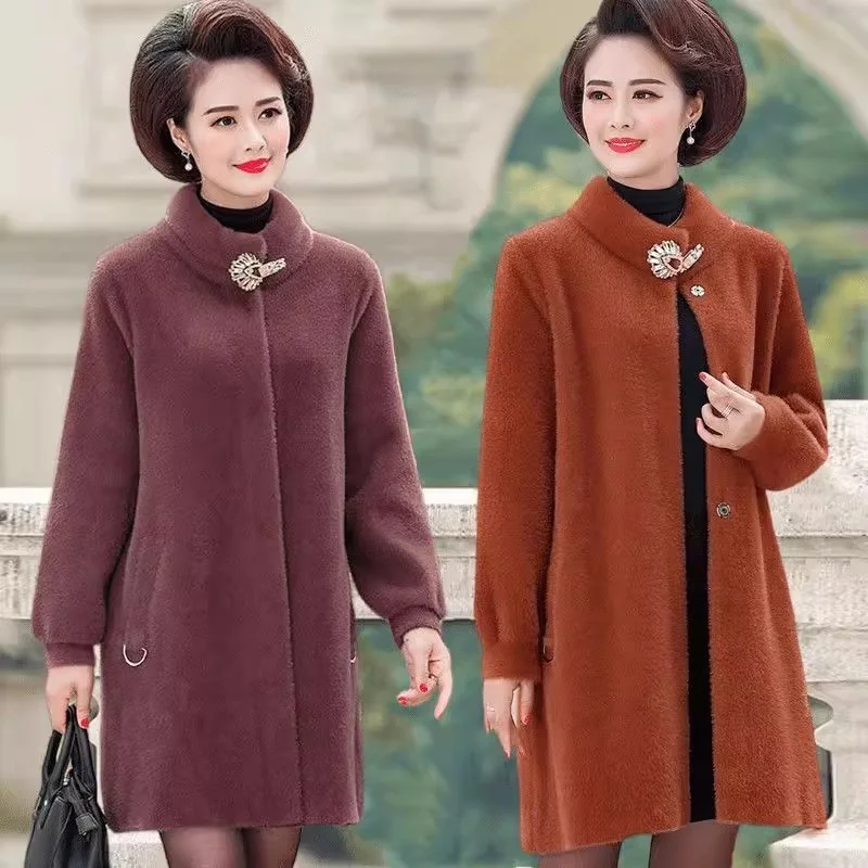 

Пальто оверсайз для мамы на осень-зиму, искусственный норковый мех, средней длины, стильная благородная женская одежда, стильная шерстяная куртка W1058