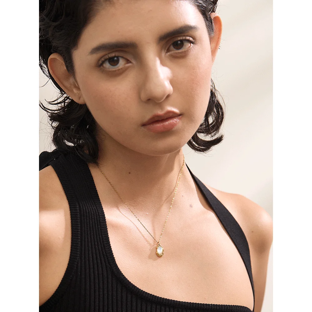 Yhpup Chic Natural Stone Cast Small Pendant Necklace 18K PVD Plated Stainless Steel High-Grade Unique Daily Collar Jewelry Gift