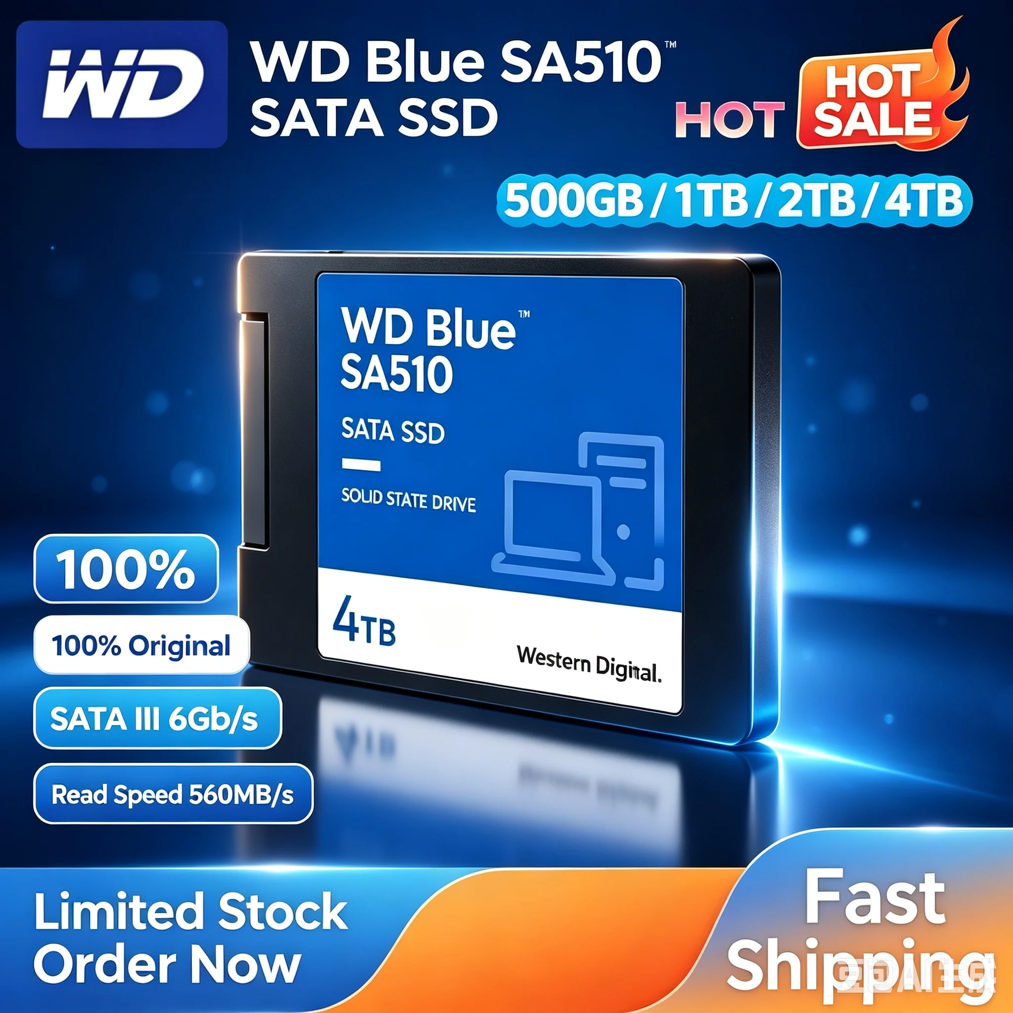 FOR WD Hard Disk Disc Internal Solid State Drive SATA 3.0 2.5" 500GB 1TB 2TB 4TB Blue SA510 Original WD SSD for Laptop Desktop