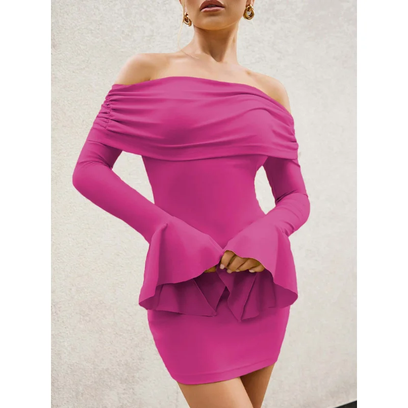 

International Station Sexy Style Off-Shoulder Dress Autumn Winter Rose Red Design Sense Elegant Short Dress
