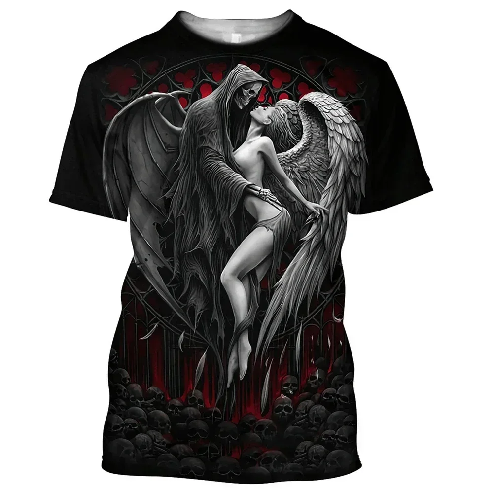 YUHA,Reaper Skull Angel And Demon 3D Printed All Over Men's T-shirts Summer Fashion Harajuku Short Sleeve Shirts Unisex Tops Tee