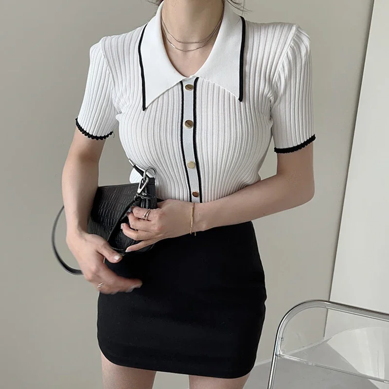 Chic White Knitted Tops Women Summer Single-breasted Sweater Female Streetwear Korean Elegance Y2k Knit Pullovers Ladies