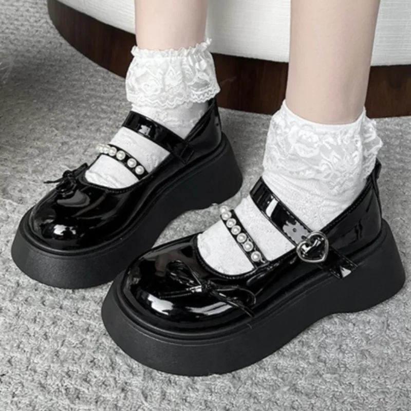 French Round Toe Thick Heel Single Strap Mary Jane Shoes for Women 2025 New Versatile Bow Patent Leather High Heels 35--40 Size