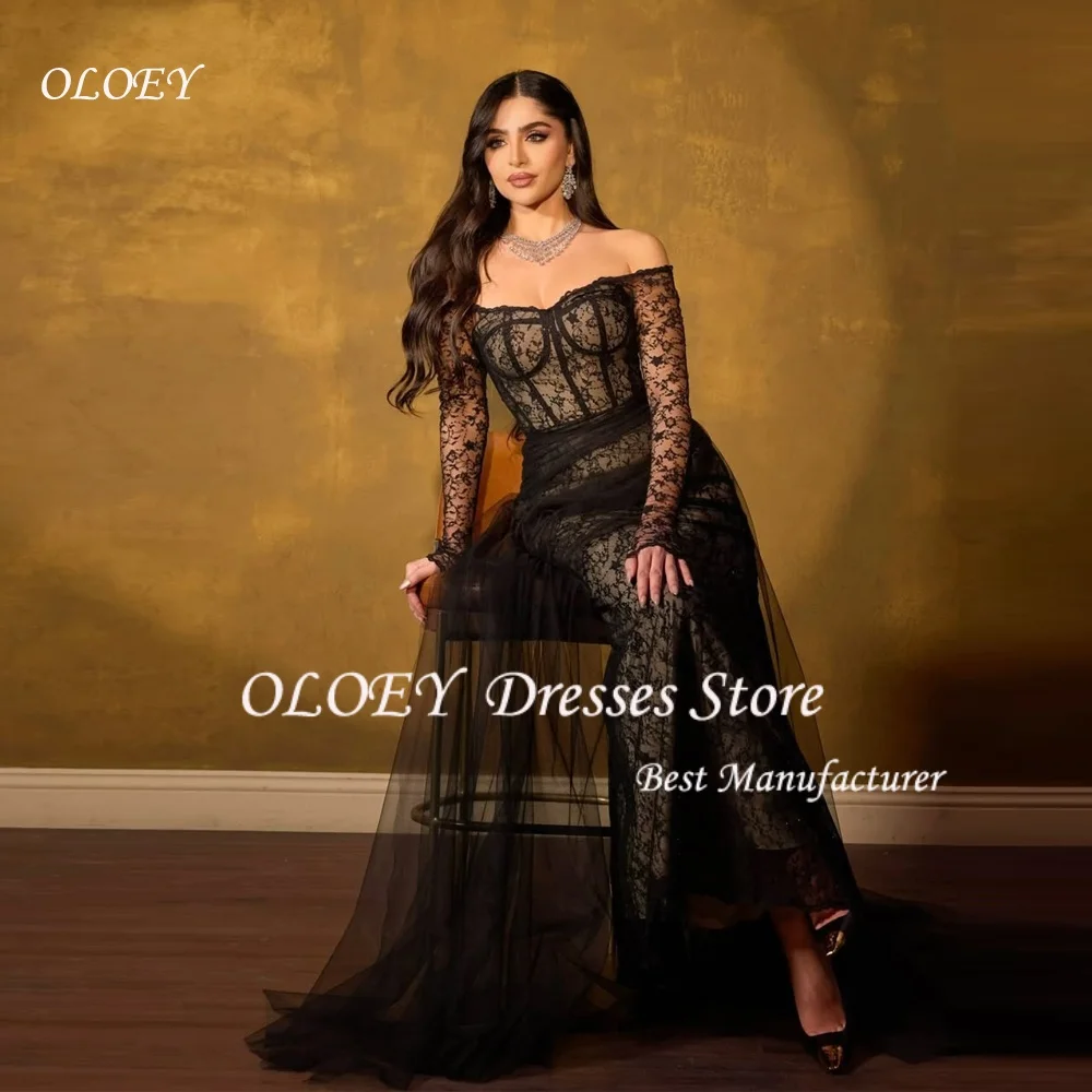 OLOEY Czarne Koronkowe Sukienki Wieczorowe Seksowna Czarna Sukienka Syrena z Gorsetem na Wesele, Sukienka na Przyjęcie, Długa Suknia Balowa z Długim Rękawem na Zamówienie, Vestidos