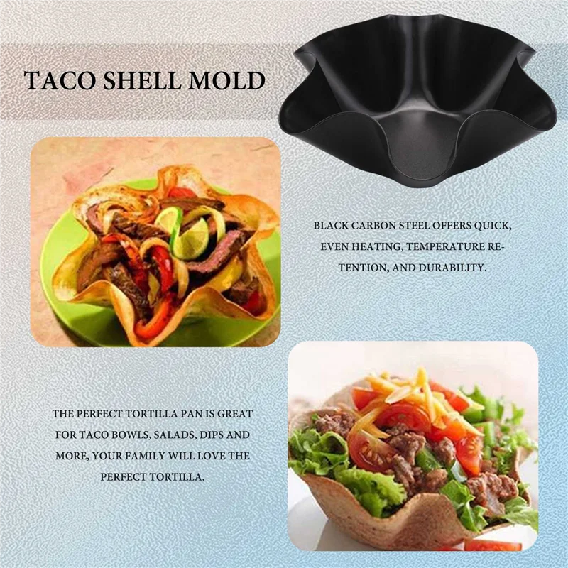 AD30-Large Non-Stick Fluted Tortilla Shell Pans Taco Salad Bowl Makers, Non-Stick Carbon Steel, Set Of 4 Tostada Bakers