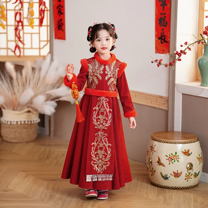 

2022 Winter Girls Hanfu Cheongsam Chinese New Year Clothing Baby Kids Embroidered Tangsuit Children Party Wedding Dress Gift