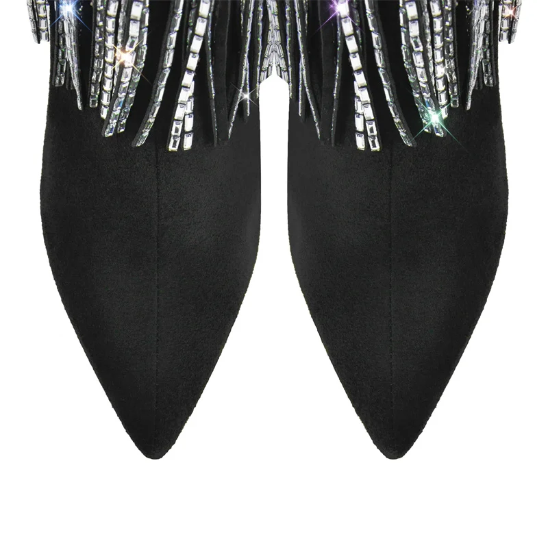 Onlymaker Women  Rhinestone Fringe Stiletto Knee High Boots Thin Heel Fashion Pointed Toe Tassel Crystal Moden Boots