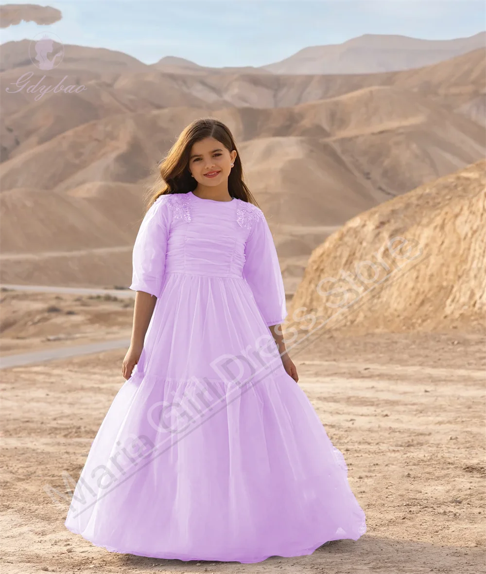 أناقة الزفاف الضوء الأزرق زهرة فتاة اللباس س الرقبة تول يزين مناسبة رسمية كامل الأكمام فساتين حفلة الأميرة