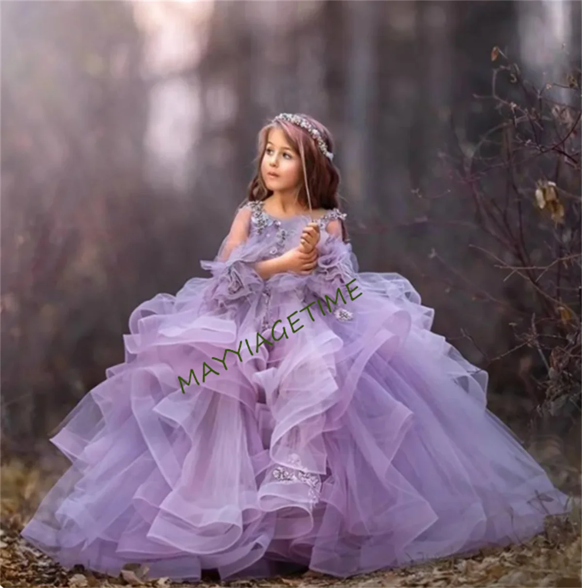 Flower Girl Dress with Long Train Girls Princess Wedding Party Dress Girl Birthday Dresses Fashion Girl Vintage Dresses