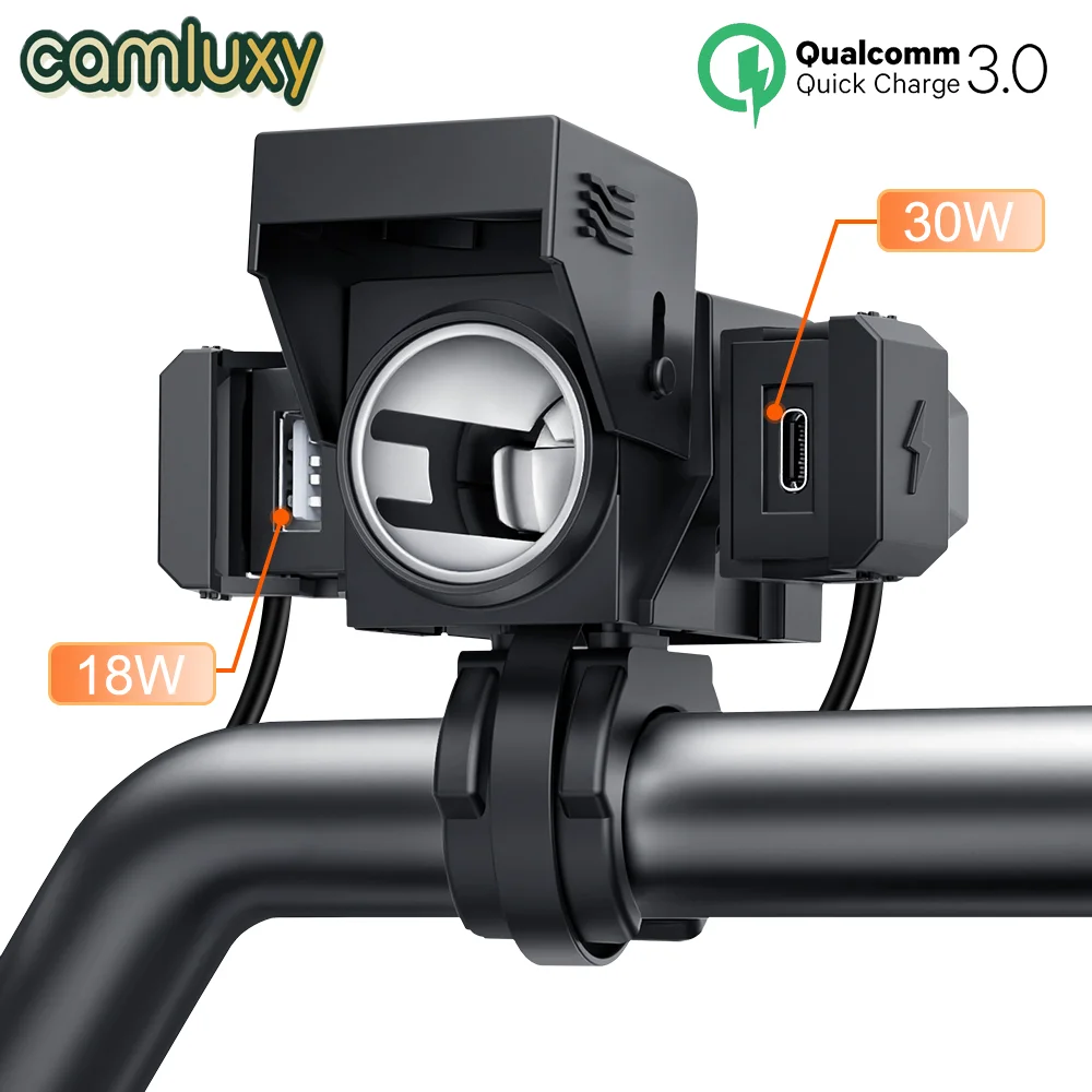 Camluxy PD+QC3.0 Fast Charge Motorcycle Phone Charger Cigarette Lighter Socket Bracket USB Type-C Port Adapter Waterproof IP66