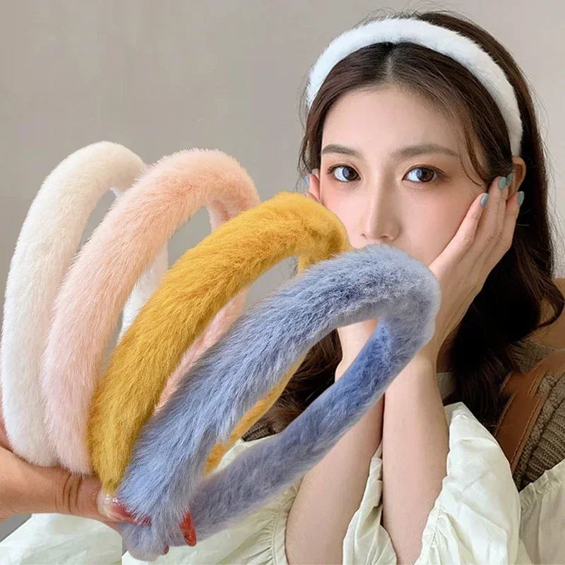 New Fashion Thick Fur Headband Hair Bands For Women Girls Candy Color Hair Hoop Headwear Plush Wide Hairbands Hair Accessories