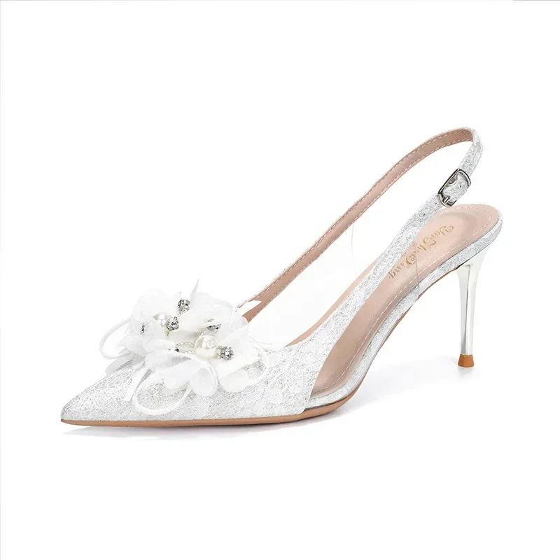 Summer new women\'s sandals with a narrow heel and pointed toe, fashionable Korean high heels, flower pearl white wedding shoes