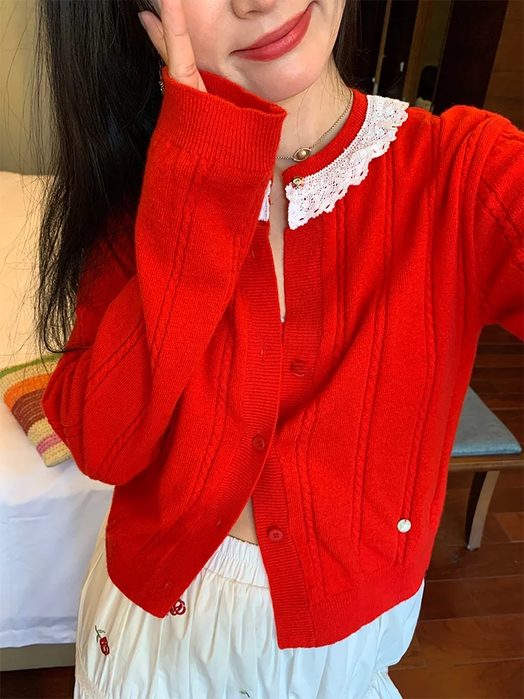 Suéter de punto de lana  para mujer, moda de primavera, Top de talla pequeña, empalme de encaje, abrigo corto de manga la...