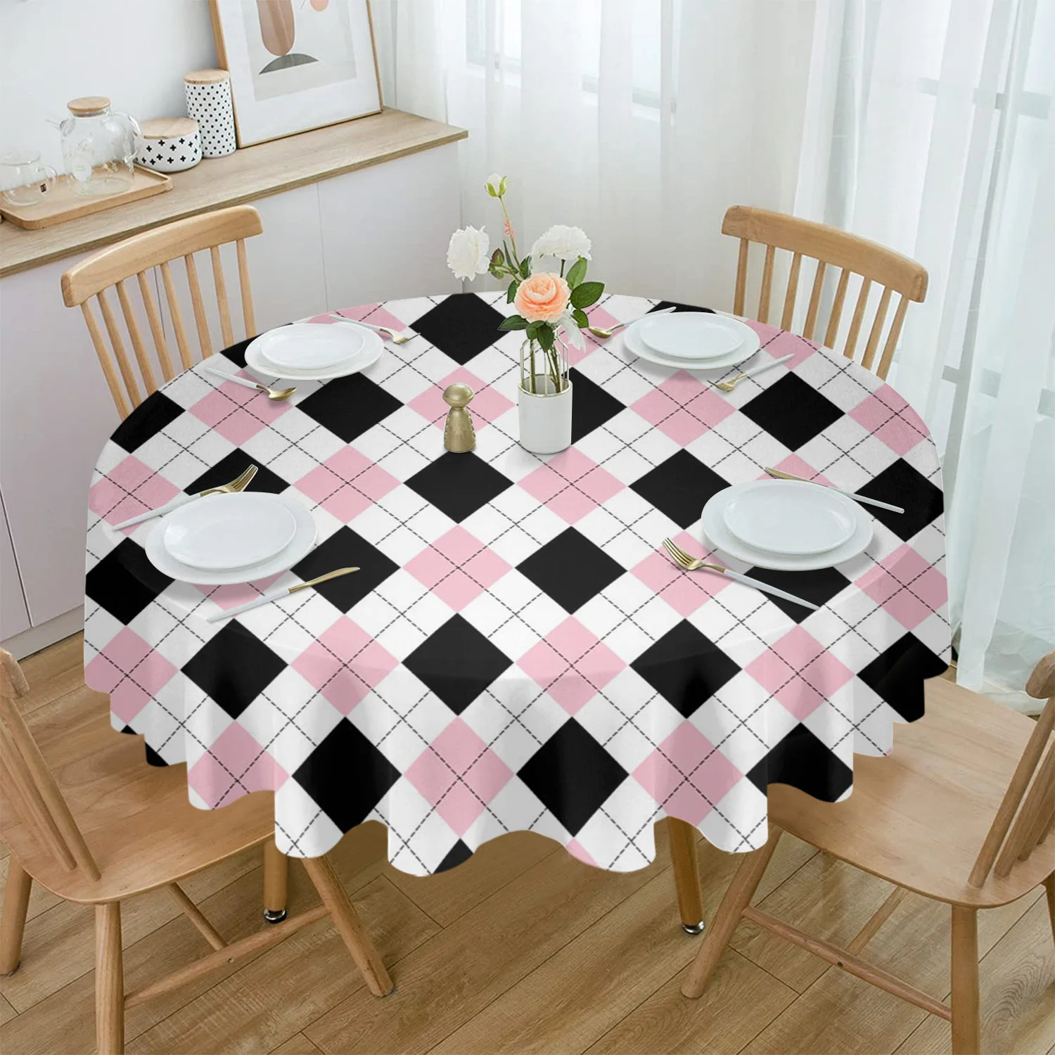 Modern Ethnic Geometic Lattice Round Tablecloths for Dining Table Waterproof Table Cover for Kitchen Living Room