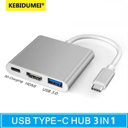 3 IN 1 USB C-HDMI 호환 어댑터 USB 3.1 허브 유형 C 충전 변환기 Thunderbolt 3 PC 노트북용 HDMI 어댑터로 전환