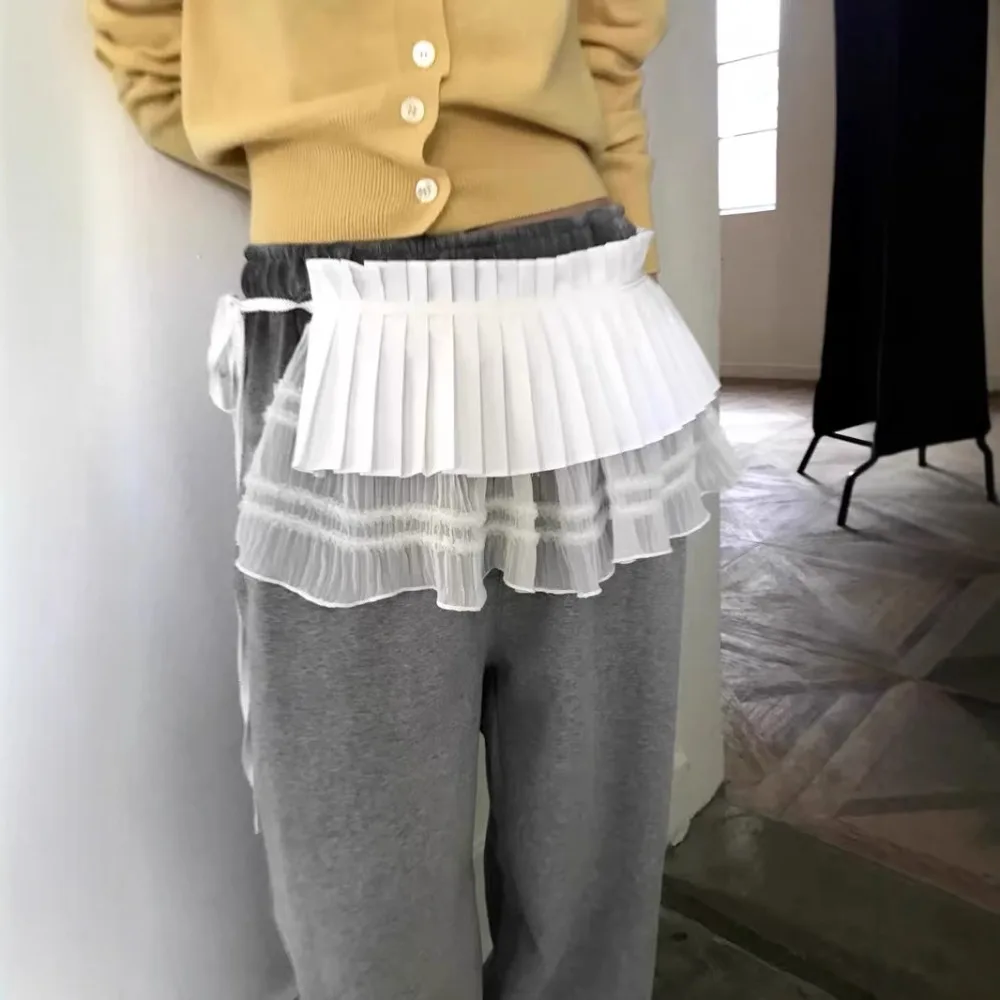 الهيب هوب طبقة وتتسابق مطوي تنورة الحلو شبكة تكدرت حافة حزام Y2K قميص موسع الدانتيل يصل وشاح الورك