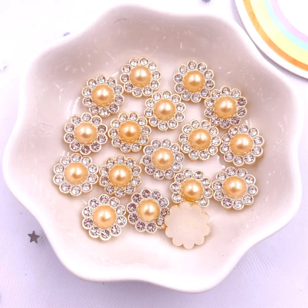 50pcs 12mm Resin Flower Round Pearl  Flatback Crystals Nail Rhinestone Buttons Appliques Wedding DIY Scrapbook Craft Accessories