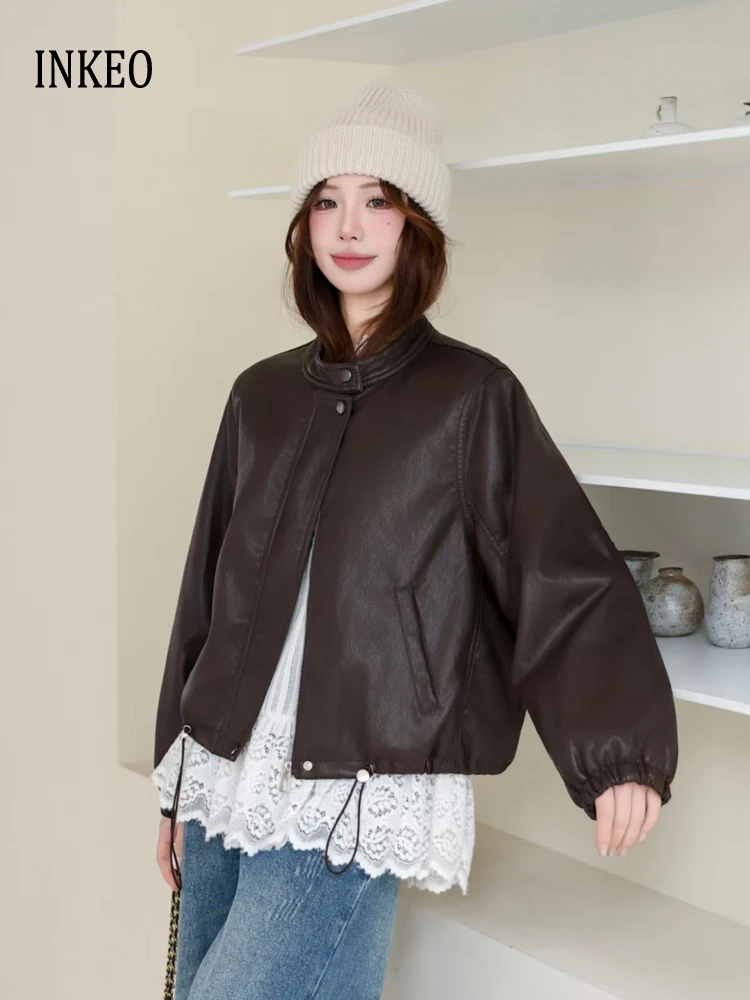 Vintage quente jaqueta de couro falso para mulher 2026 outono inverno o pescoço manga longa casaco do plutônio oversize luxo outwear ineo 5o131