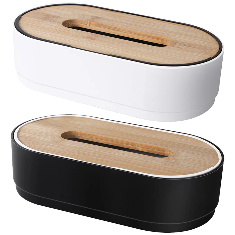

2Pcs Bamboo Tissue Boxes Elevating Cover Smooth Surface PP Material Black Hotel Decorative Napkin Holders