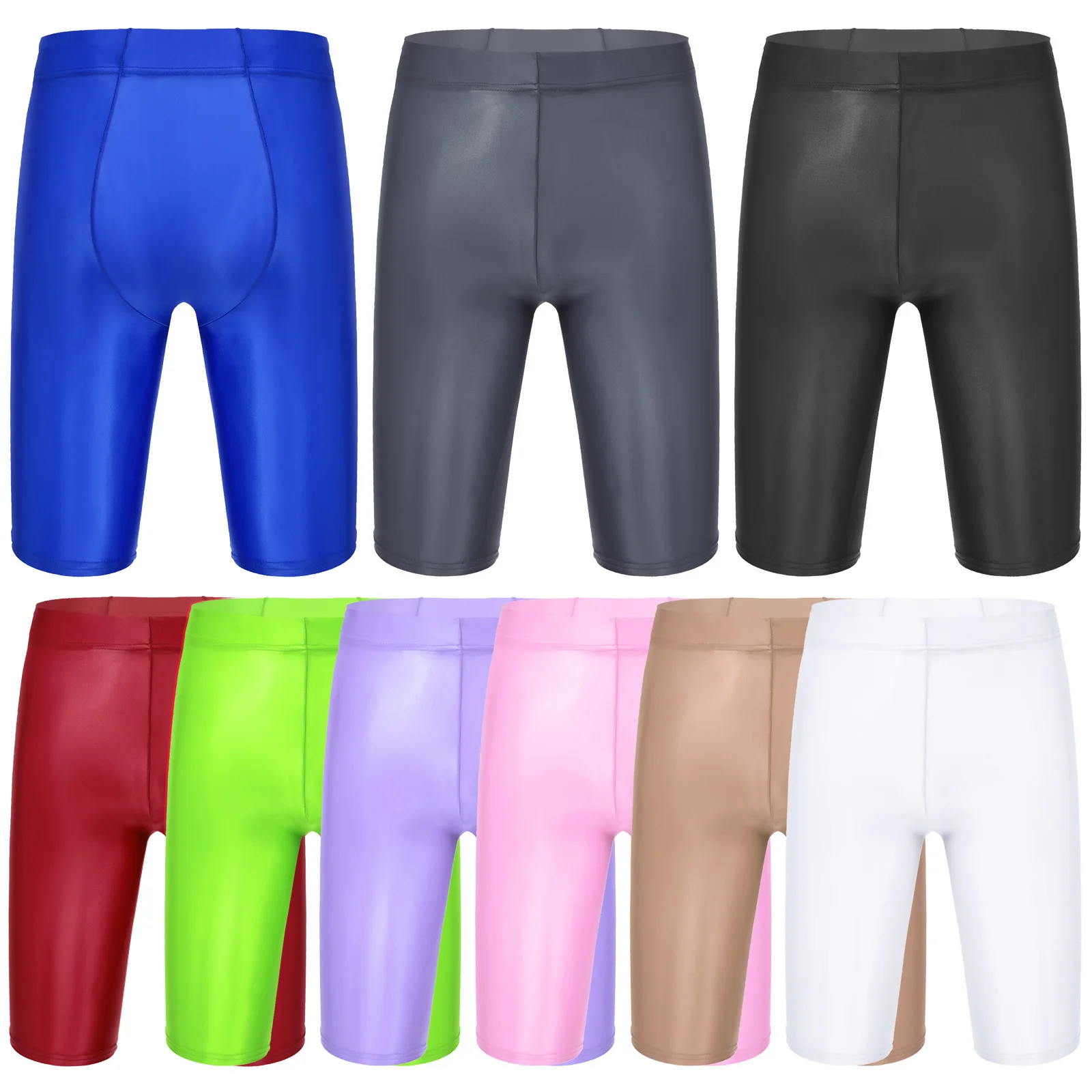 Mens Beach Shorts Hot Pants Glossy Solid Color Shorts Swimwear Beachwear Sport Fitness Gym Elastic Waistband Short Leggings