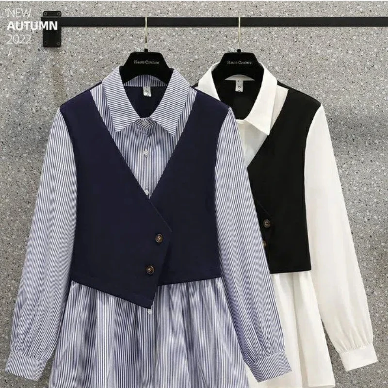 Spring Autumn New Turn-down Collar Long Sleeve Fashion Shirt Women High Street Fake Two Pieces Pullovers Striped Button Tops