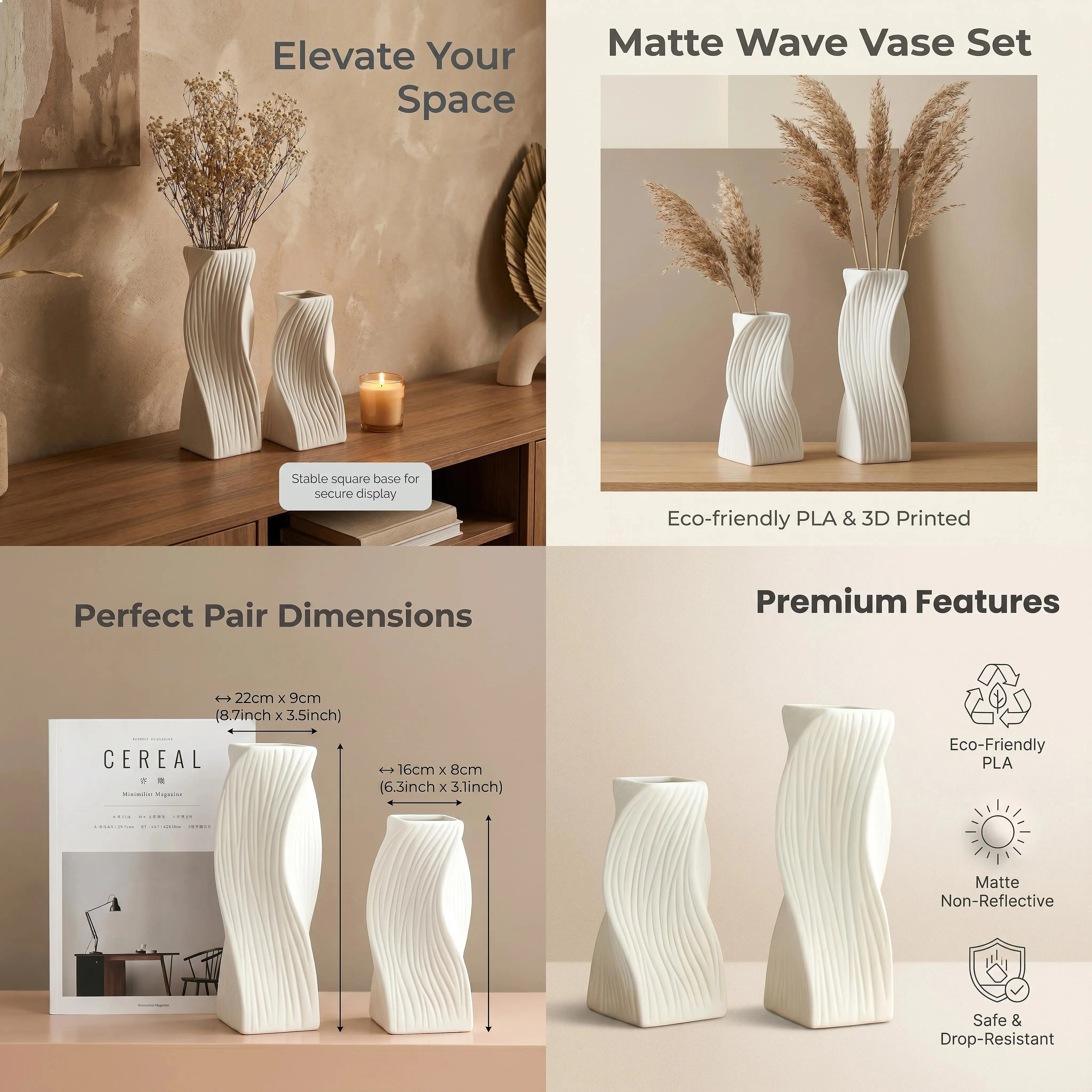 2-Piece Wabi-Sabi Irregular Decorative Vase Set, Made of Matte Pla Plastic, Modern Tabletop Decor, Suitable for Living Room