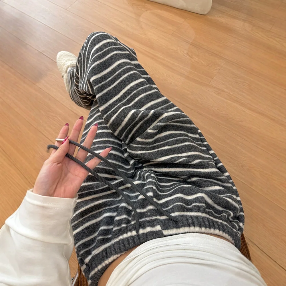 Striped Woolen Wide-Leg For Women, Autumn And Winter 2025 New Lazy Style, High Waist, Loose Fit, Slimming Straight-Leg Casual