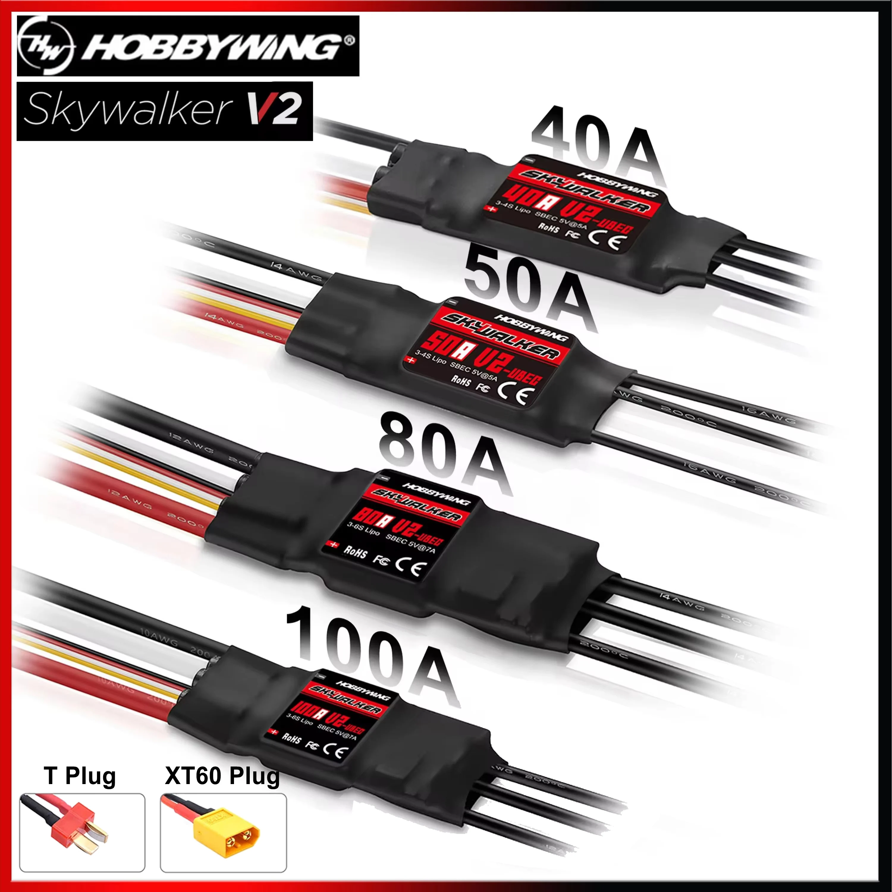 HOBBYWING Skywalker V2 Series 40A 50A 80A 100A Brushless ESC Speed Controller T/XT60 Plug for RC FPV Drone Quadcopter Plane