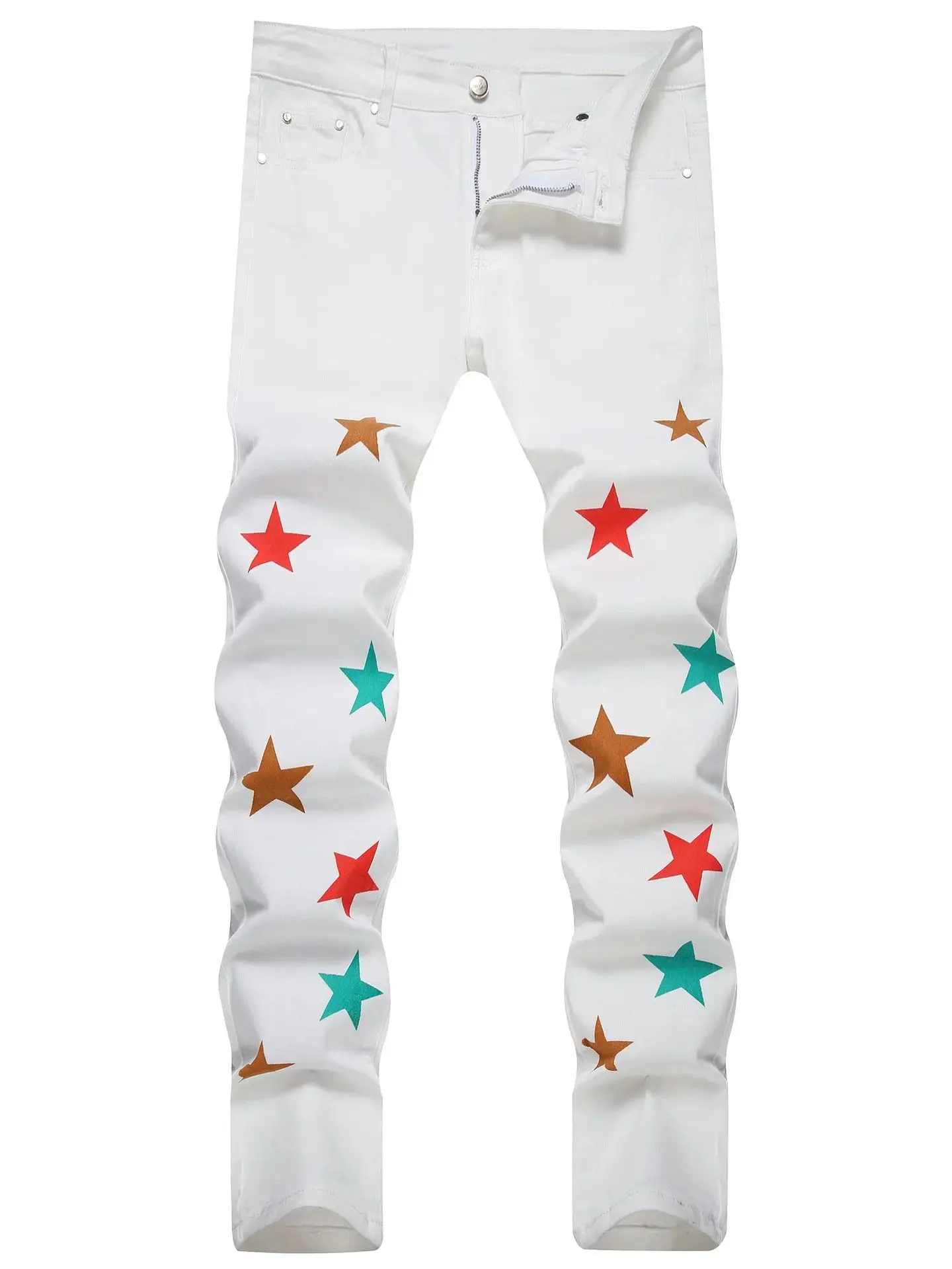 

Men's White Oversized Jeans Star Embroidery Speckled Ink Micro Stamp High Elasticity Soft Four Seasonal Trend Durable Metal 4648