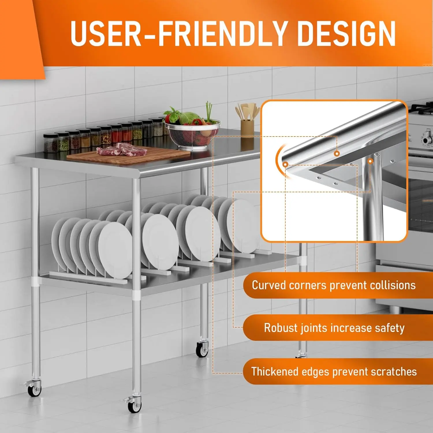 Work Table with Adjustable Shelf, with Wheels, Kitchen Island, Commercial Workstations