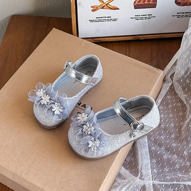 Toddler Girls Silver Glitter Flower Mary Jane Shoes, Sweet Princess Flats Floral Ornament, Little Kids Party Dress Shoes
