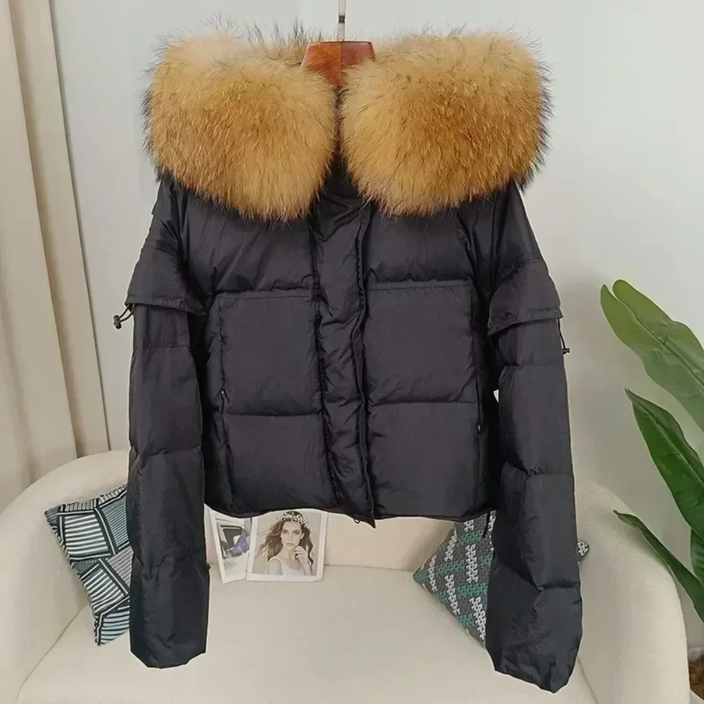 Outerwear Autumn Winter Women Hooded Fashionable Streetwear Detachable Sleeve Real Raccoon Fur Collar Jacket Duck Down Loose