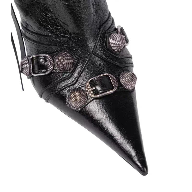 Pointed Toe Rivets Women\'s Ankle Boots New Autumn Metal Decoration 5cm High Heel Bare Boots Tassel Belt Buckle Side Zipper Boots