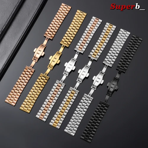 Imagen 2 del producto Pulsera de reloj de acero inoxidable sólido con extremo curvado, correa de reloj de Metal de 10/12/13/14/16/17/18/19/20/21/22mm con hebilla de mariposa