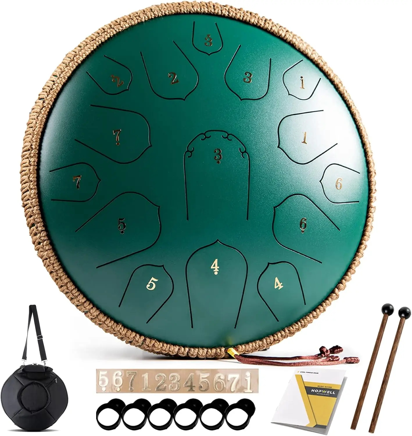 Tongue Drum - HOPWELL 15 Note 14 Inch Tongue Drum - Hand Pan Drums with Music Book, Steel Handpan Drum Mallets and Carry Bag