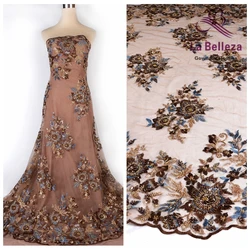 La Belleza new Brown pink mixed gold beaded sequins machine embroidered fabric for women dresses show clothing tailoring