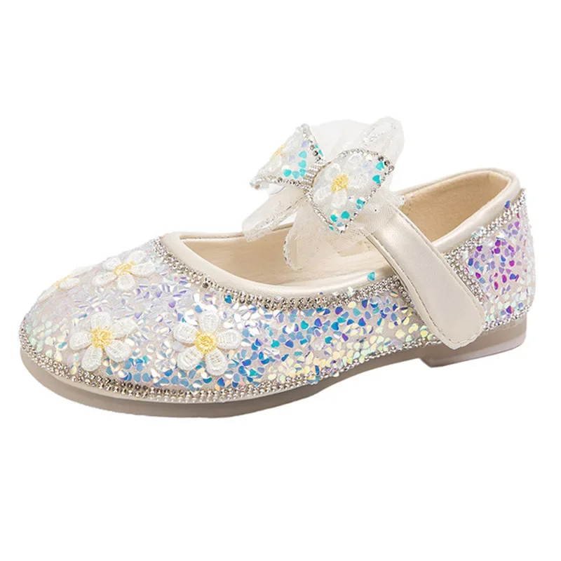 Autumn New Flower Sequined Girls' Princess Shoes Soft Sole Anti Slip Children's Casual Shoes Fashion Bow Baby Flats