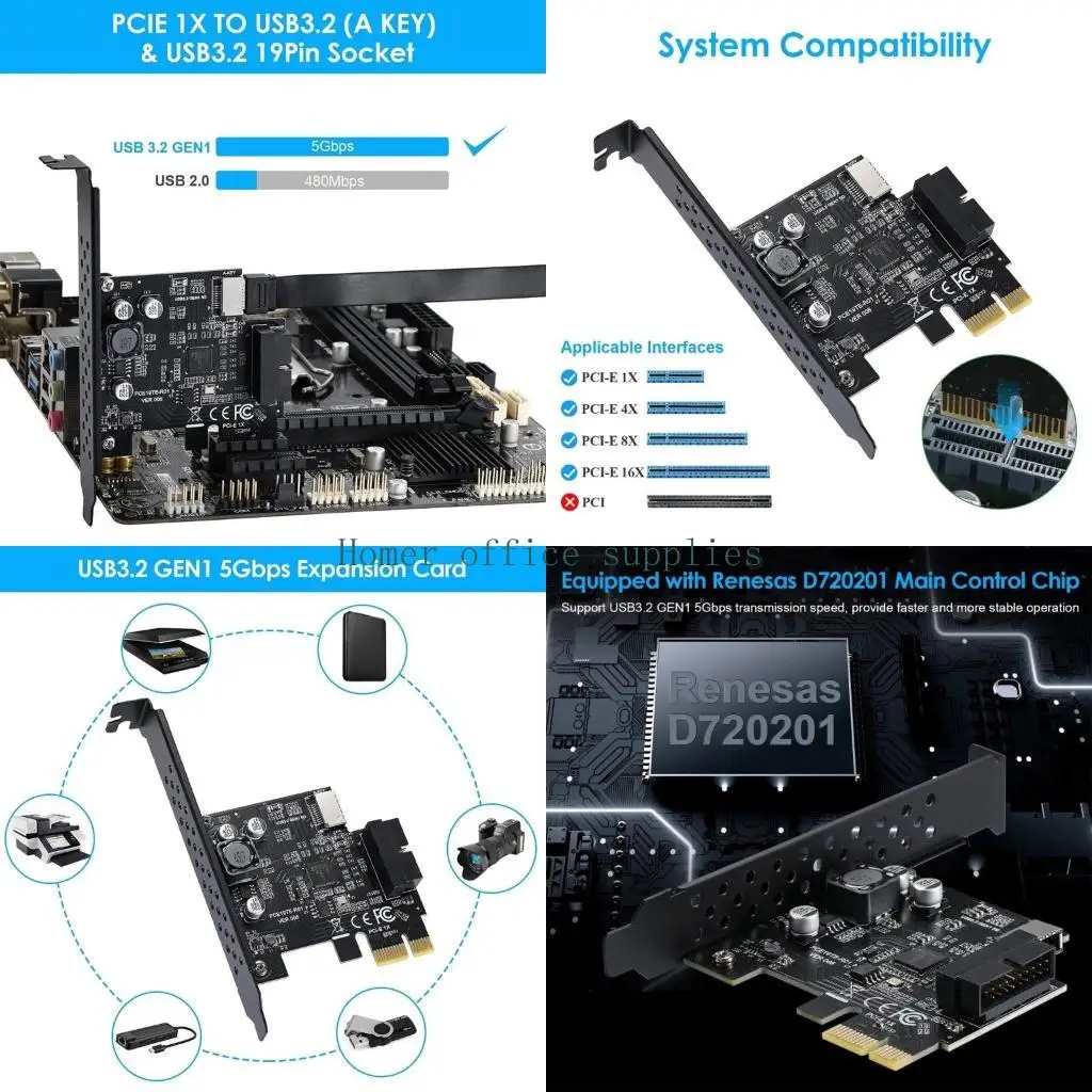 

K43B Плата расширения PCI-E 1X — USB3.2 Переходная карта PCI-Express USB 3.2 Gen 1 TYPE-E (A-KEY) 20-контактный разъем USB
