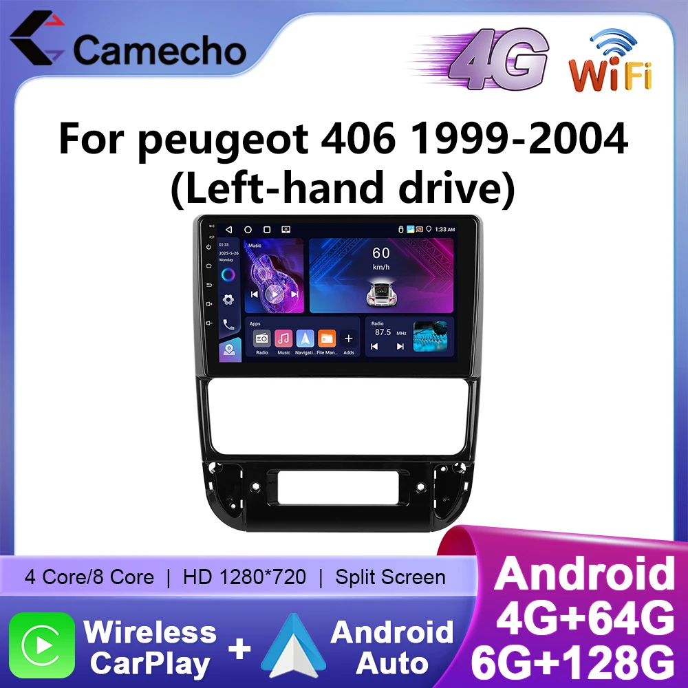 Camecho sans fil Carplay Android Auto Radio pour peugeot 406 1999-2004 lecteur multimédia de voiture 6 + 128G WIFI 4G Mirrorlink GPS stéréo
