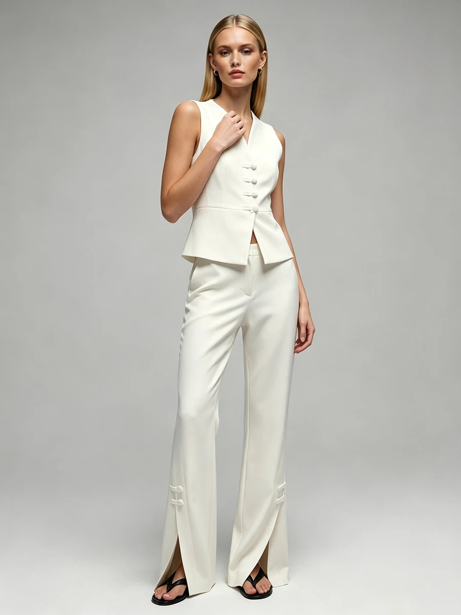 LIMO Women White Chinese Frog Button Sleeveless Vest  Suit  Waist Flare Pants Elegant Office Formal Matching Outfit Set - view 5