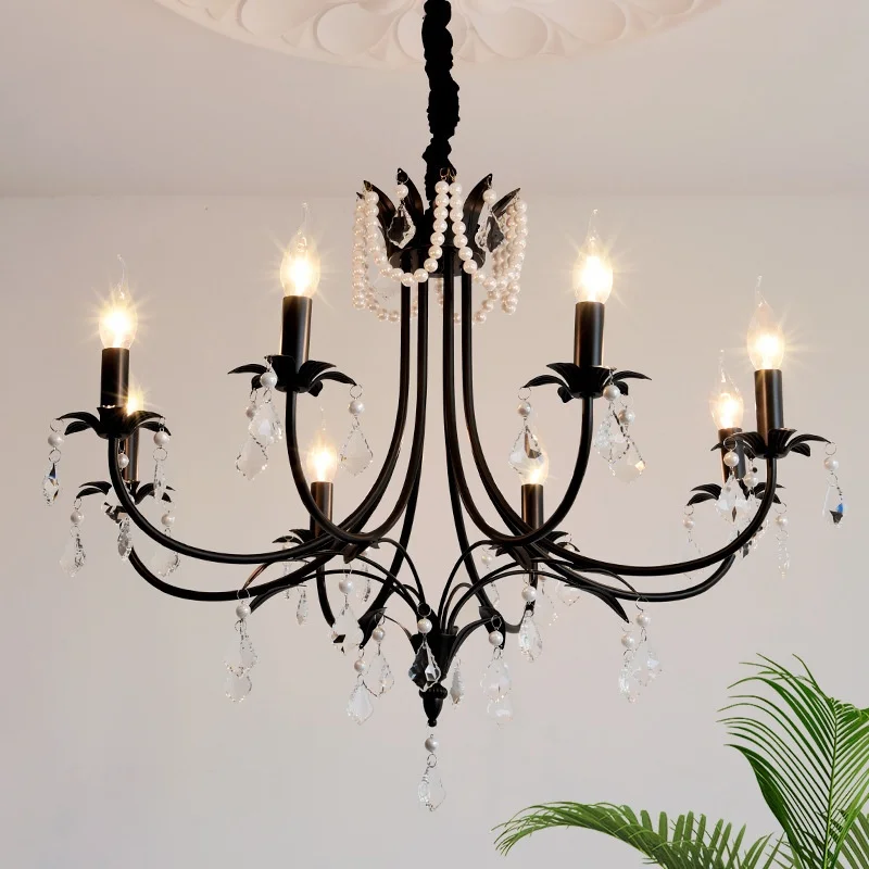 French Black Candle Chandelier For Living Room E14 Pendant Lights Crystal Hanging Lamp Romantic